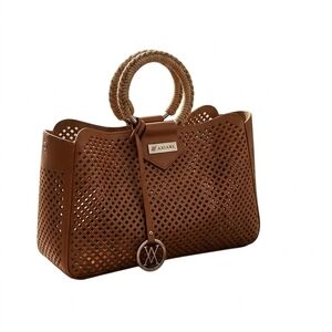 AMIANI*Sophisticated Perforated Brown Perforated Faux Leather Tote Woven Handles